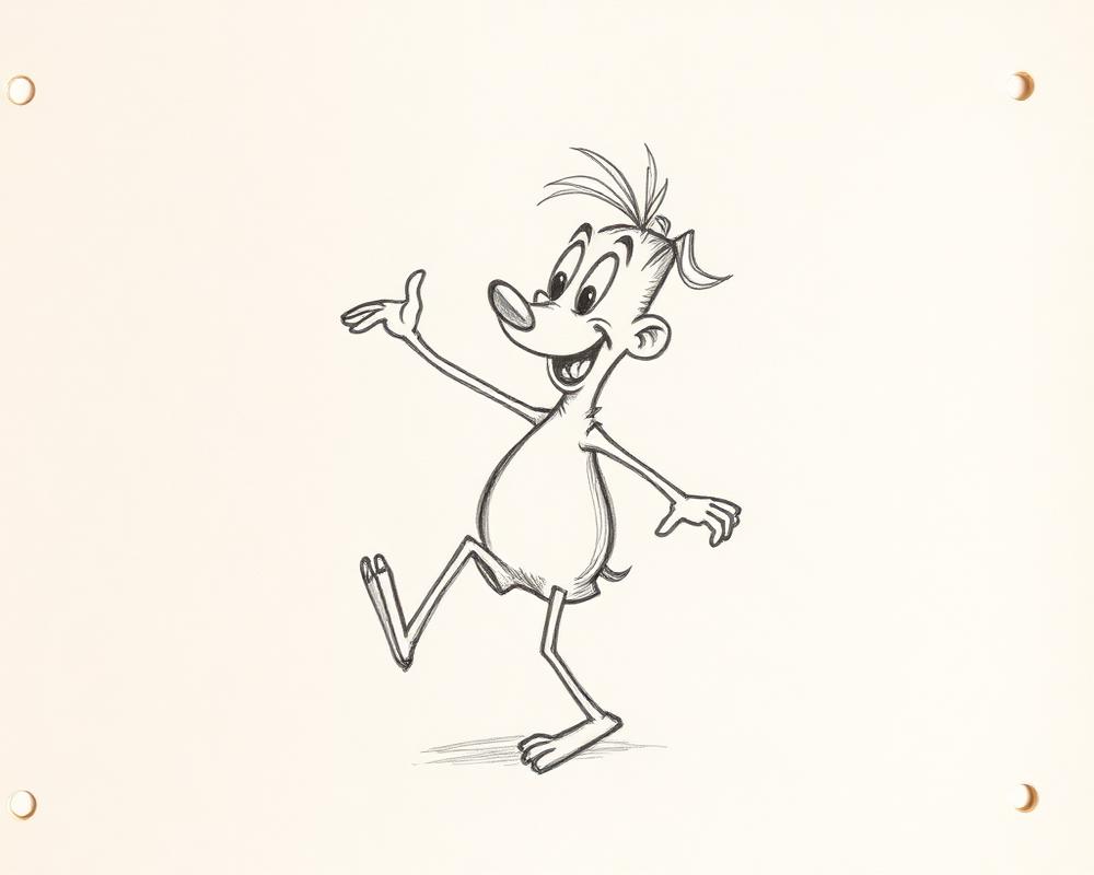 Original pencil animation drawing of a dancing character on peg-hole paper