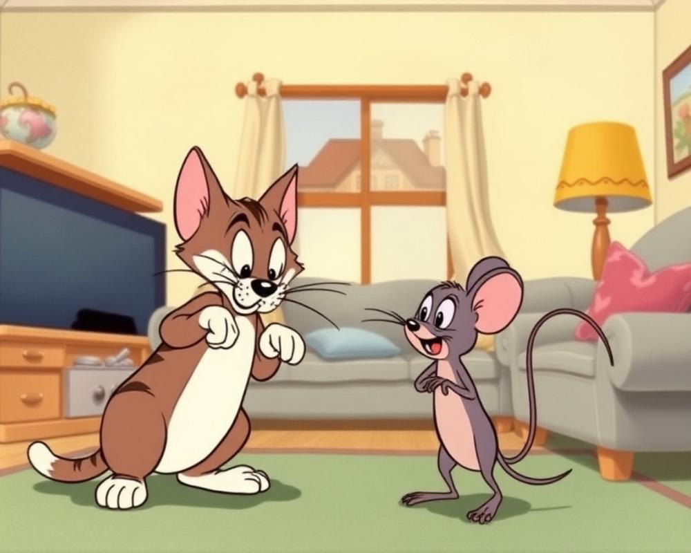 Animation cel of a cat and mouse duo in a living room