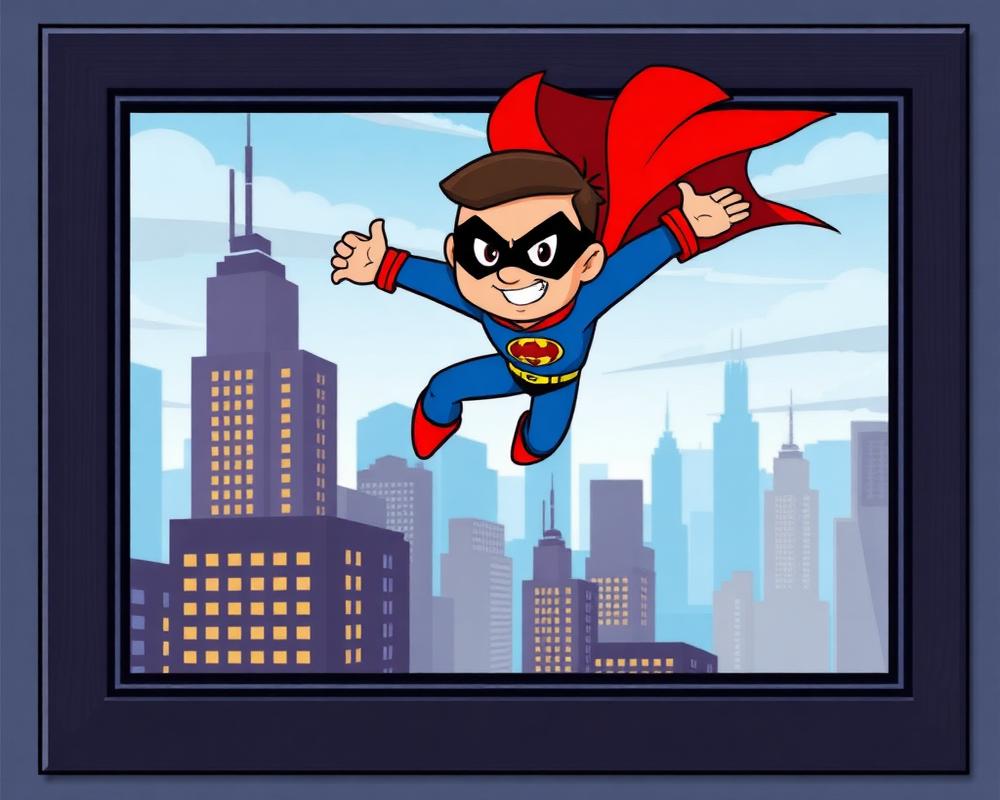 Framed animation cel of a flying superhero character