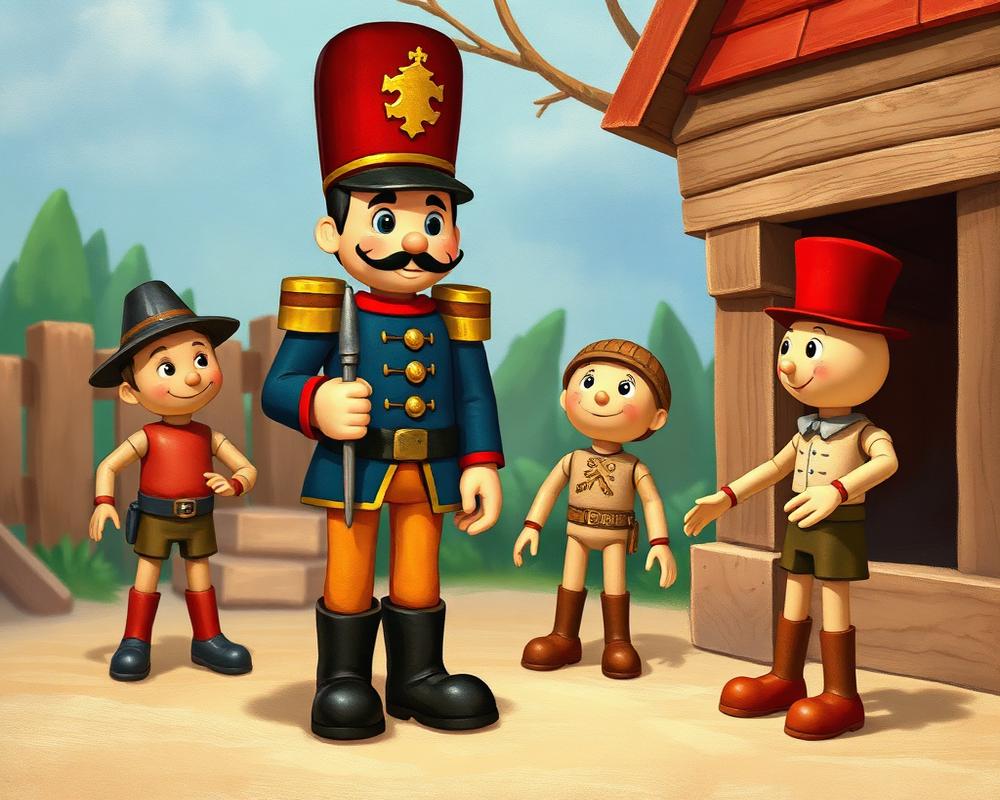 Animation cel of toy soldier and puppet characters on a storybook background