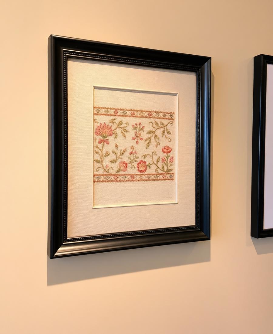 Antique embroidered textile framed with linen mat in a black frame